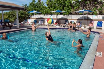 People playing and swimming at the Palm Crest Pool